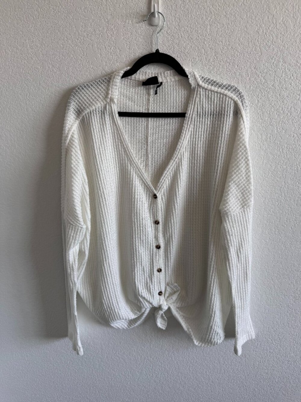 Women's waffle knit, long sleeved button up top